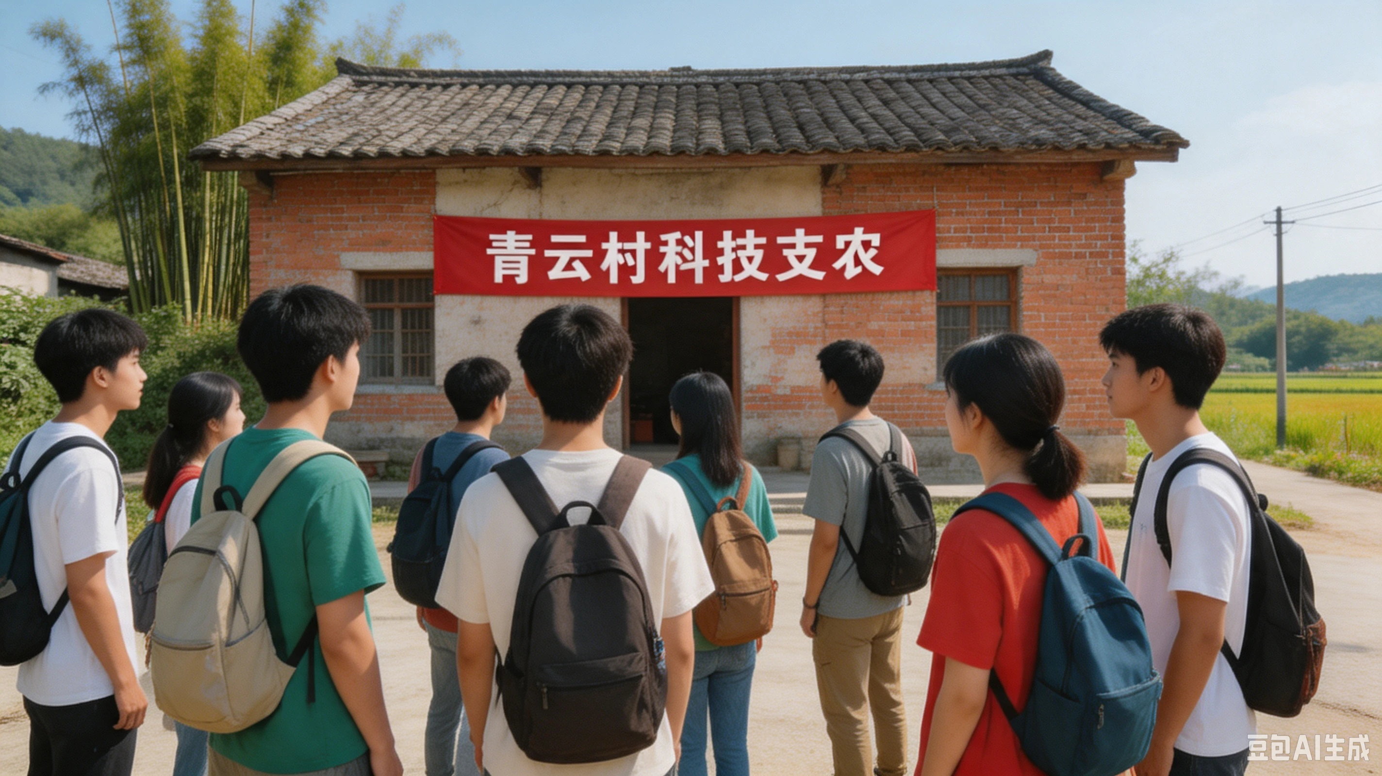 队员出发合照,背后横幅(图中文字:青云村科技支农)